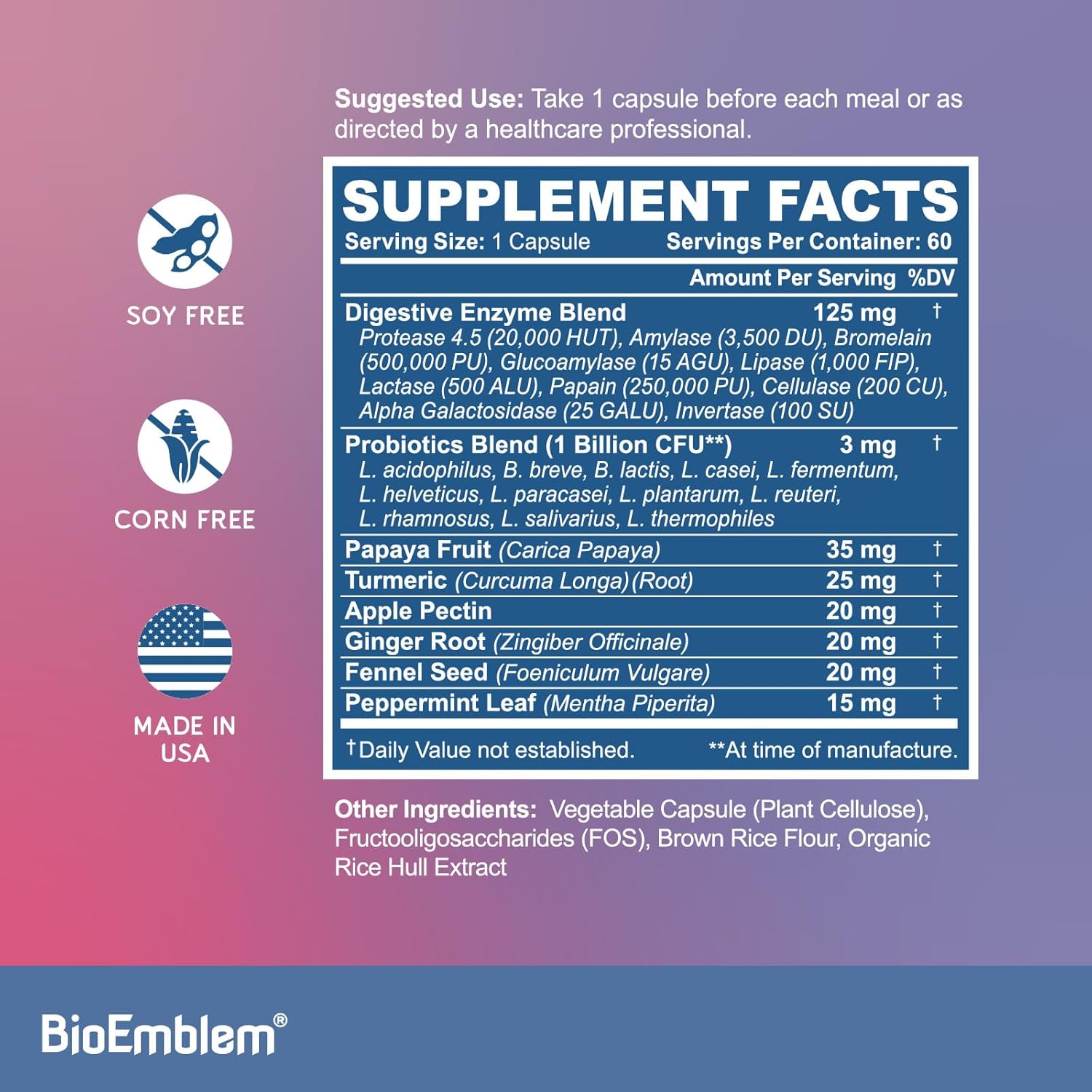 BioEmblem Digestive Enzymes - 10 Enzymes w/ 12 Strain 1 Billion CFU Probiotics for Nutrient Absorption & Digestive Support - Papaya, Bromelain & Papain to Help Bloating & Gas - Non-GMO - 60 Capsules - Image 2