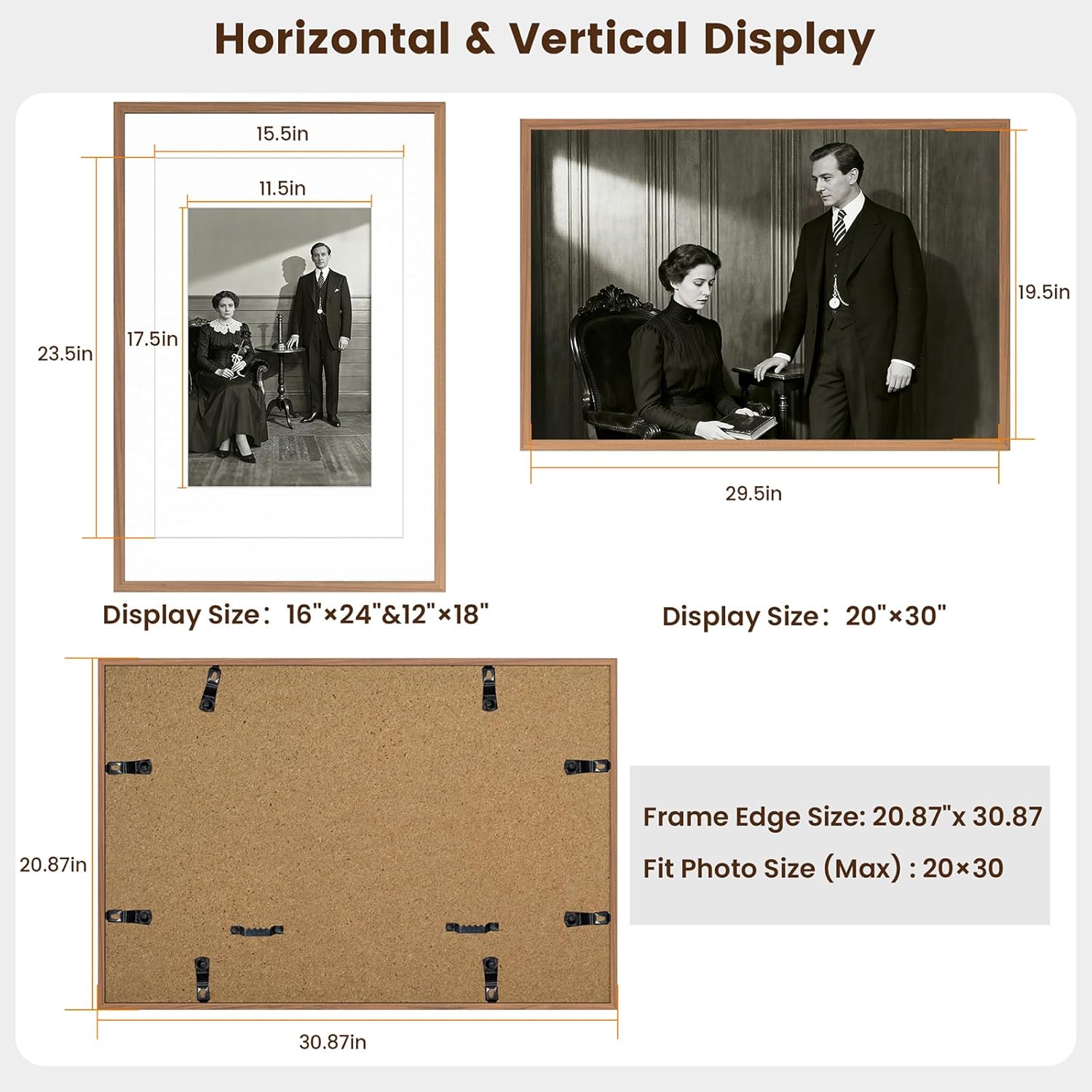 20×30 solid walnut wood picture frame, hd glass, double mat for 12×18 or 16×24 photos, premium walnut photo frame, vertical or horizontal wall hanging or leaning display