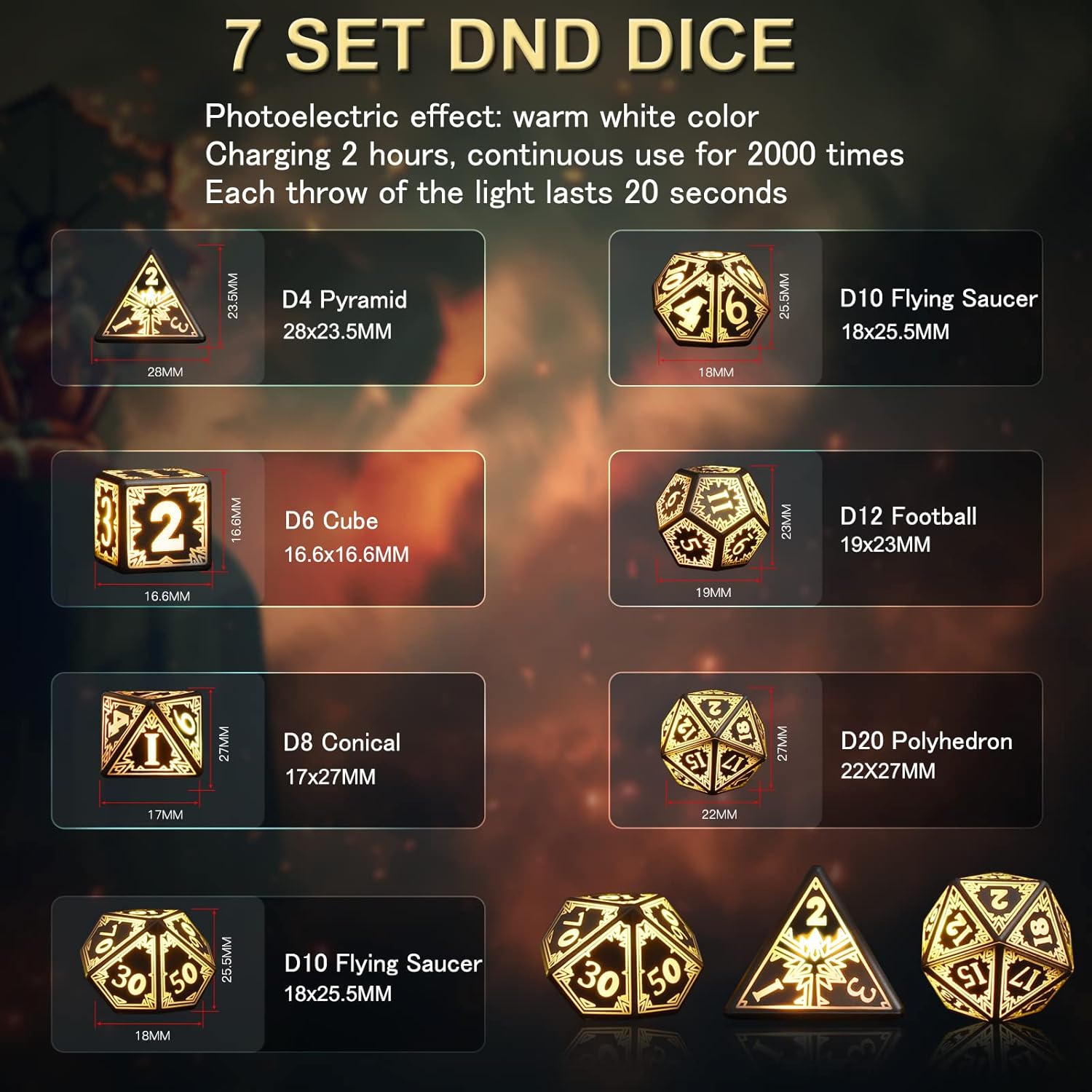 Rechargable DND Dice Set, Light Up Dice, 7PCS Glowing LED Dice Electronic Dices, D&D Polyhedral Dice Set for RPG Role Playing Table Game