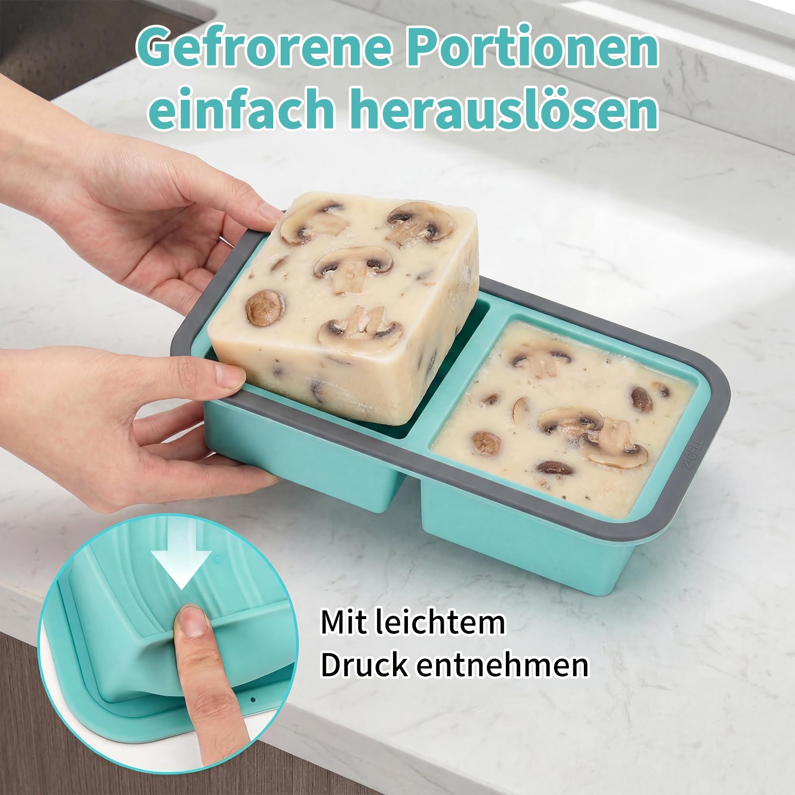 Juego de 3 Moldes de Silicona para Congelación con Tapa – 2 Compartimentos de 500 ml (1000 ml por unidad) – Sin BPA, Apilables, Herméticos, Escala de Medición ml/taza – Para Sopa, Caldo, Salsa