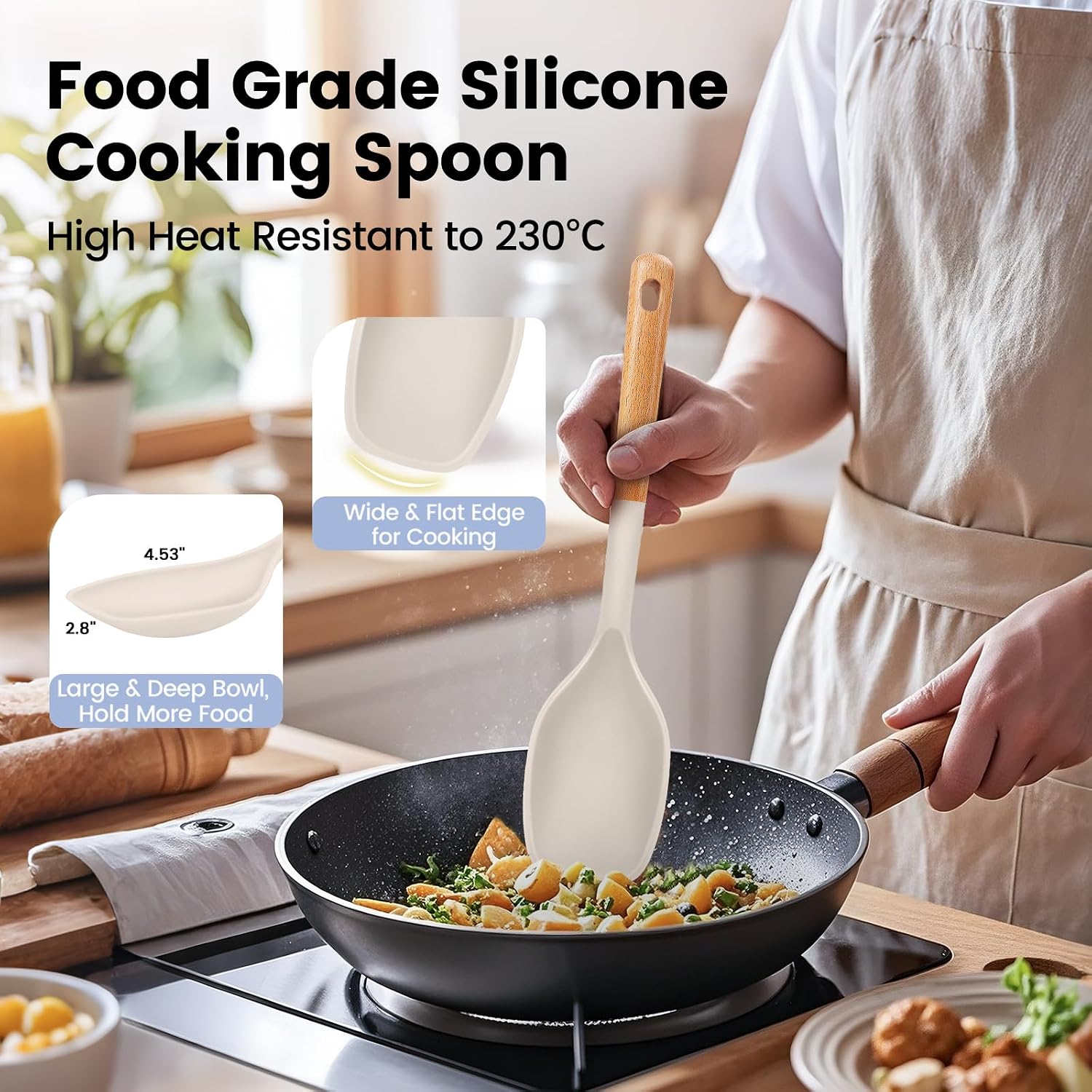 Large Silicone Cooking Spoons Set, 2 Pcs Heat Resistant Serving Spoon, Multifunction Nonstick Spatula Spoon, Kitchen Cucharras de Silicona for Mixing, Stiring, Basting, Scooping, Scraping