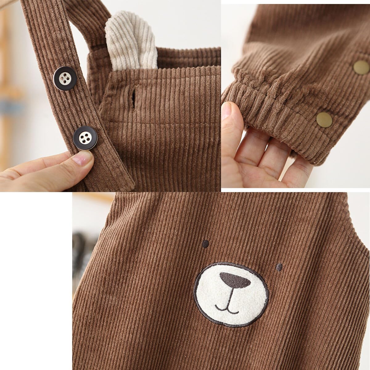 bébés garçons filles Salopette en velours côtelé 6-9-12-18-24 mois-3 ans, combinaisons sans manches tout-petits avec 3D broderie ours, pantalon à bretelles Jambes larges décontractée