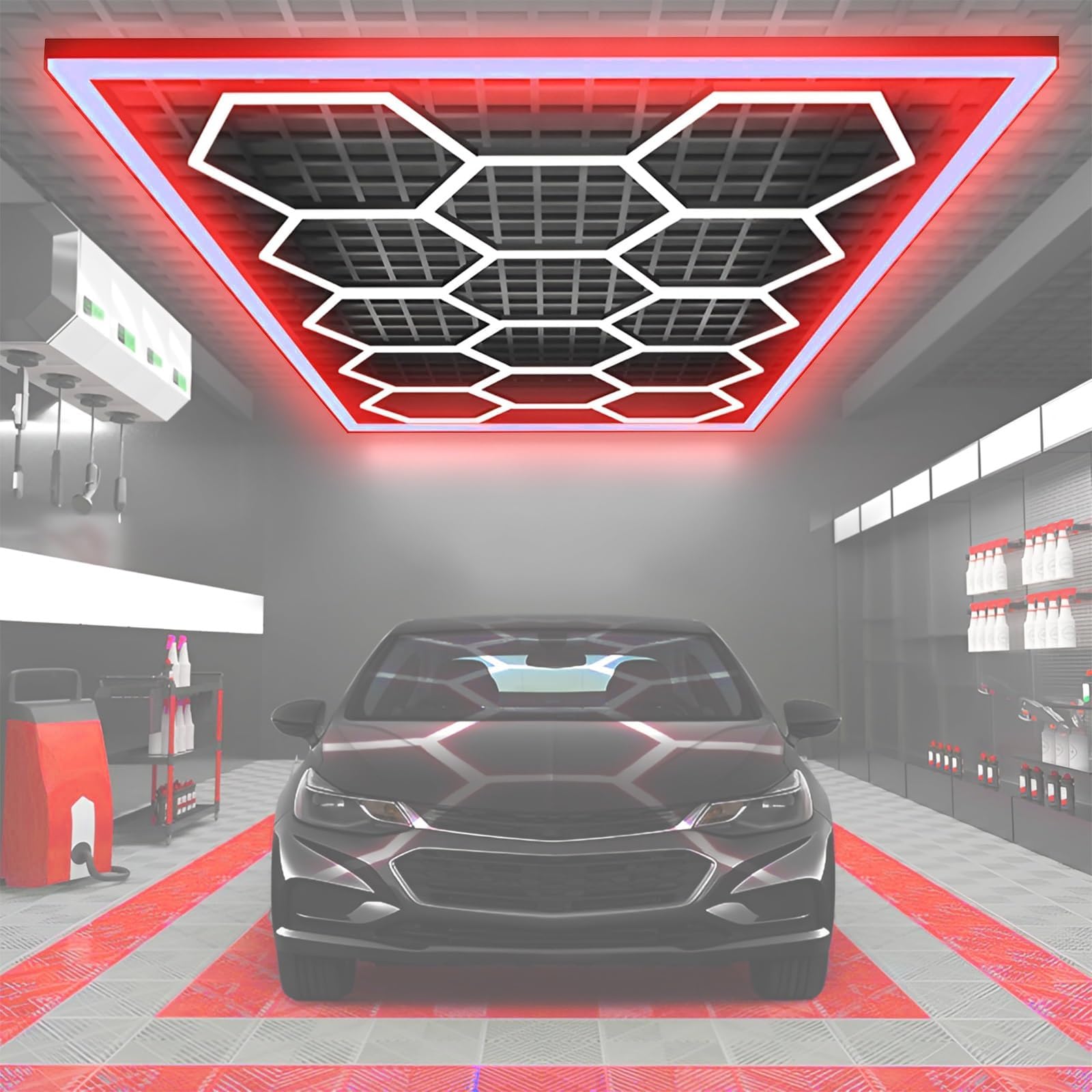 Large Hexagon LED Garage Lights - 14 Grids 6500k, Waterproof High Brightness Linkable Hexagonal Lamps, Ceiling Lighting, for Garage Car Detailing Barber Shop Gym Warehouses(Red)