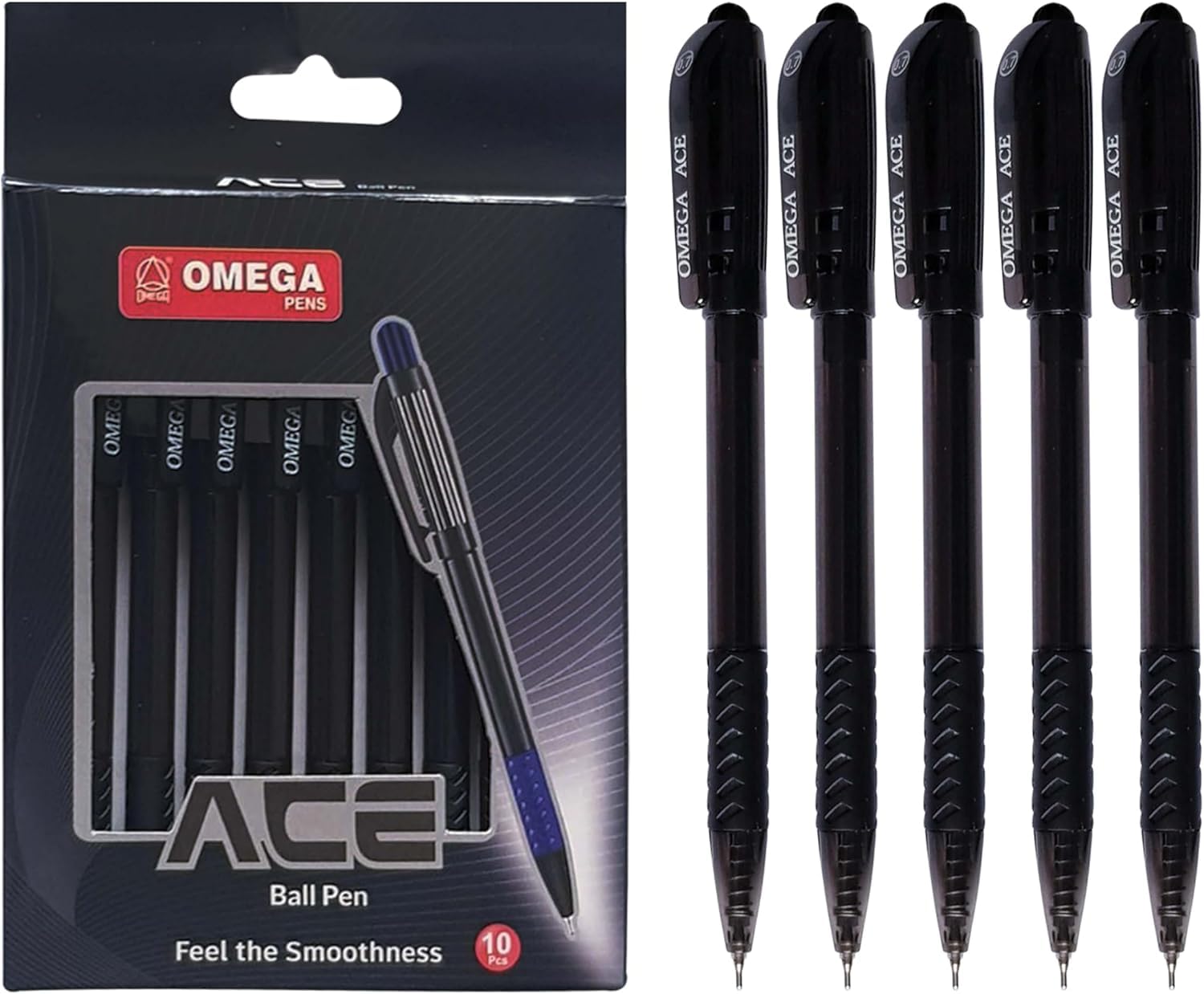Ace Retractable Ballpoint Pens, BLACK, Fine Point (0.7 mm), Pack of 10, Smooth Ball Pens, Click Mechanism, School Office Home Everyday Use