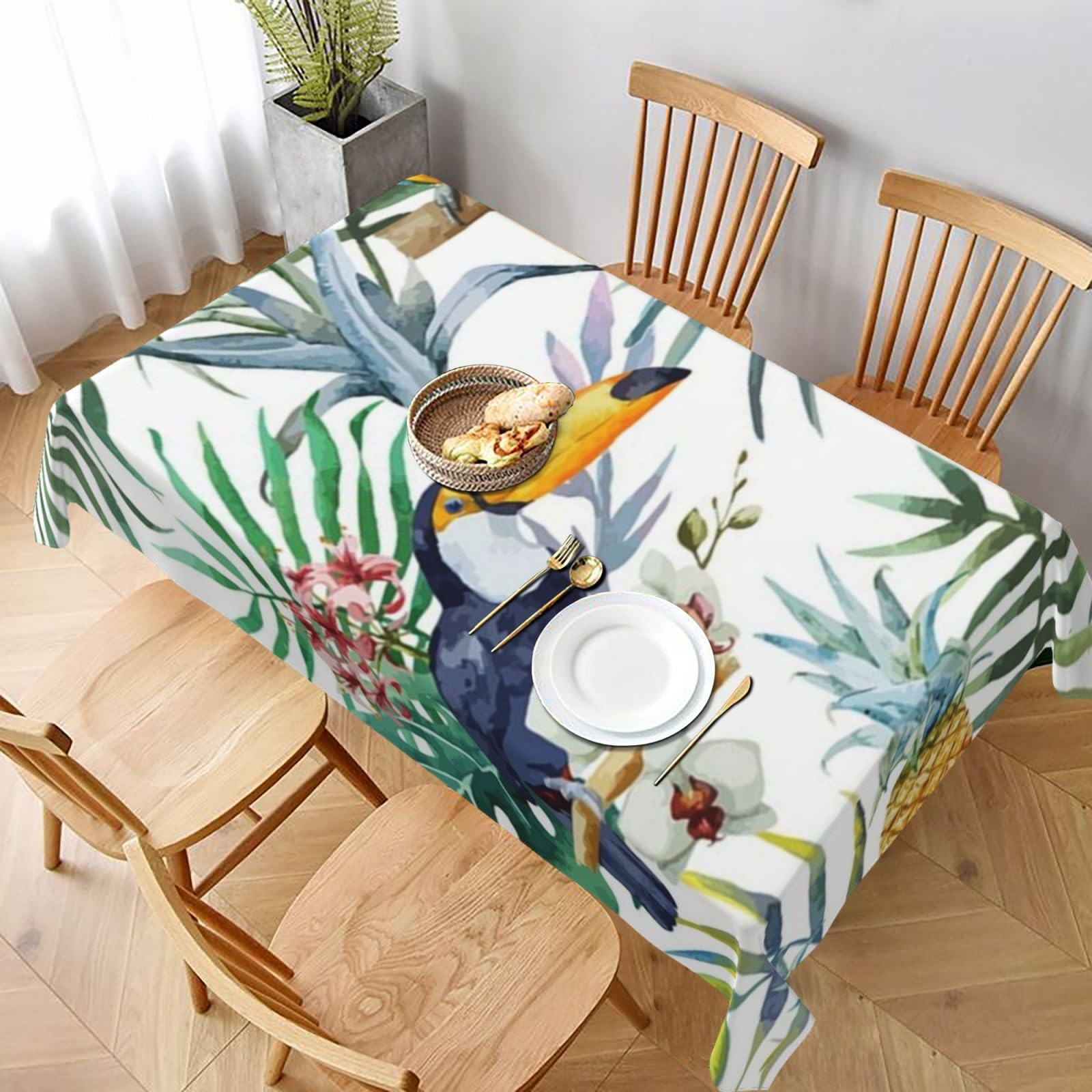 BNVSADC Tropical Leaves Bird Printed Rectangle Tablecloth 228x152 CM, Water Resistant Polyester Table Cloth Decorative Fabric Table Covers for Kitchen Dining Table Parties Camping