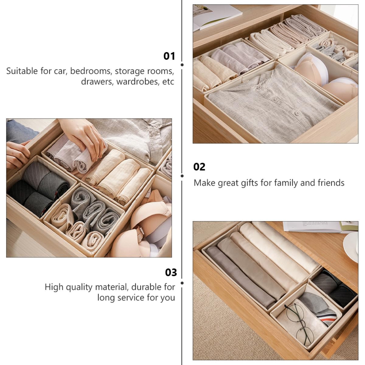 Generico Set 3 Pezzi Organizer per Cassetti Beige per Calzini e Biancheria Intima Scomparti per Cassetti e Stanze di Stoccaggio