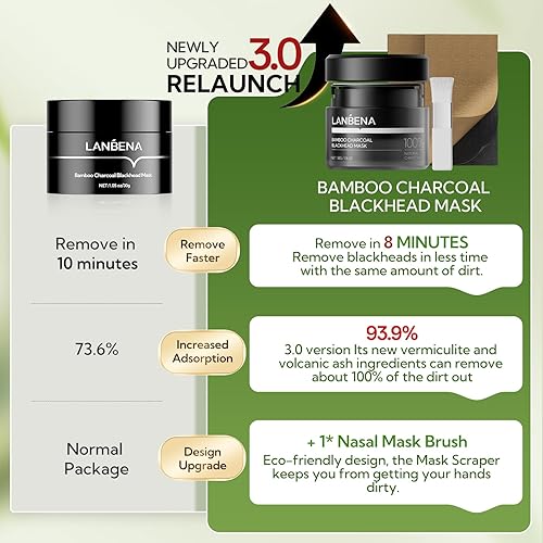 Miniatura 4 de LANBENA Máscara eliminadora de puntos negros de carbón de bambú 3.0, 1.76 onzas, más de 120 tiras de poros de nariz, máscara facial limpiadora de