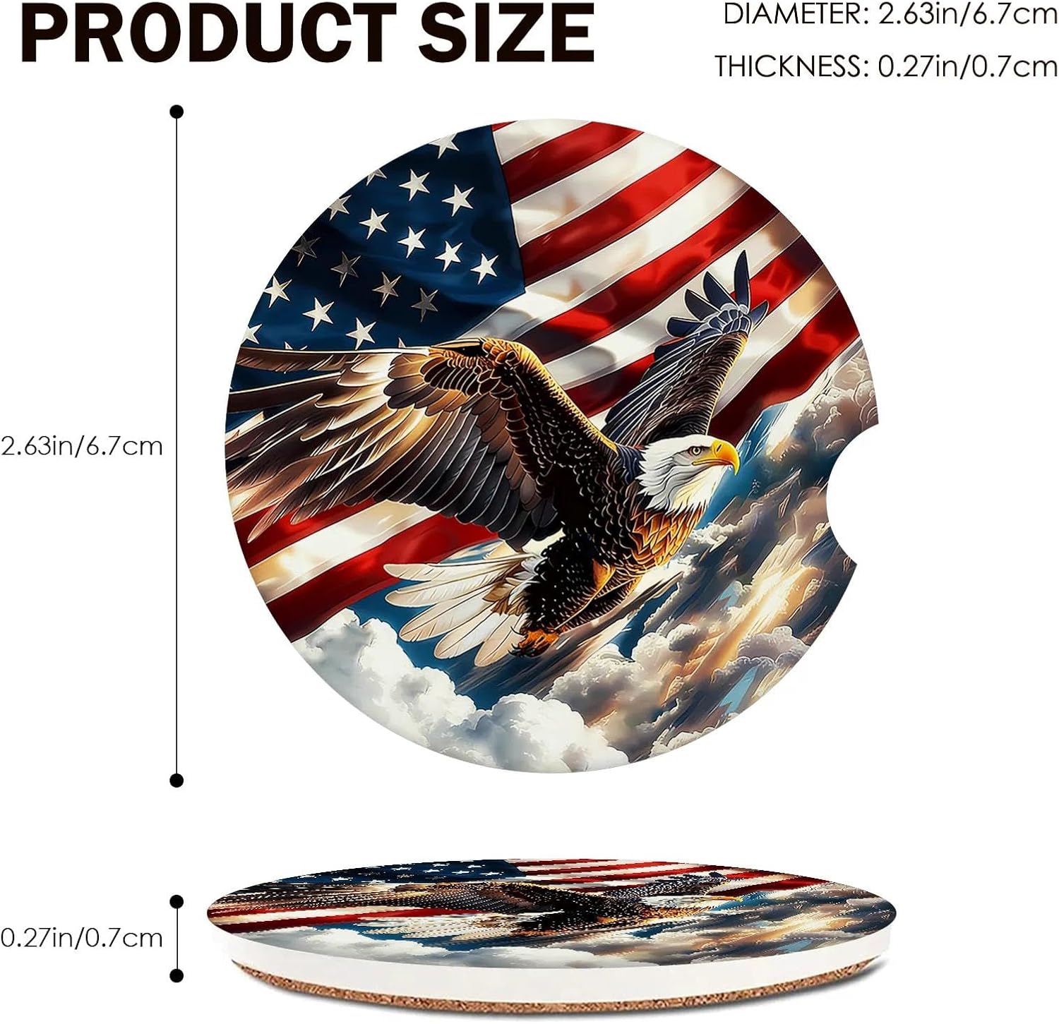 American Flag Car Coasters for Cup Holder Set of 2 Eagle Absorbent Ceramic Cup Coaster 2.63" Non-Slip Cork Base Drink Coasters with Finger Notch Car Accessories Interior