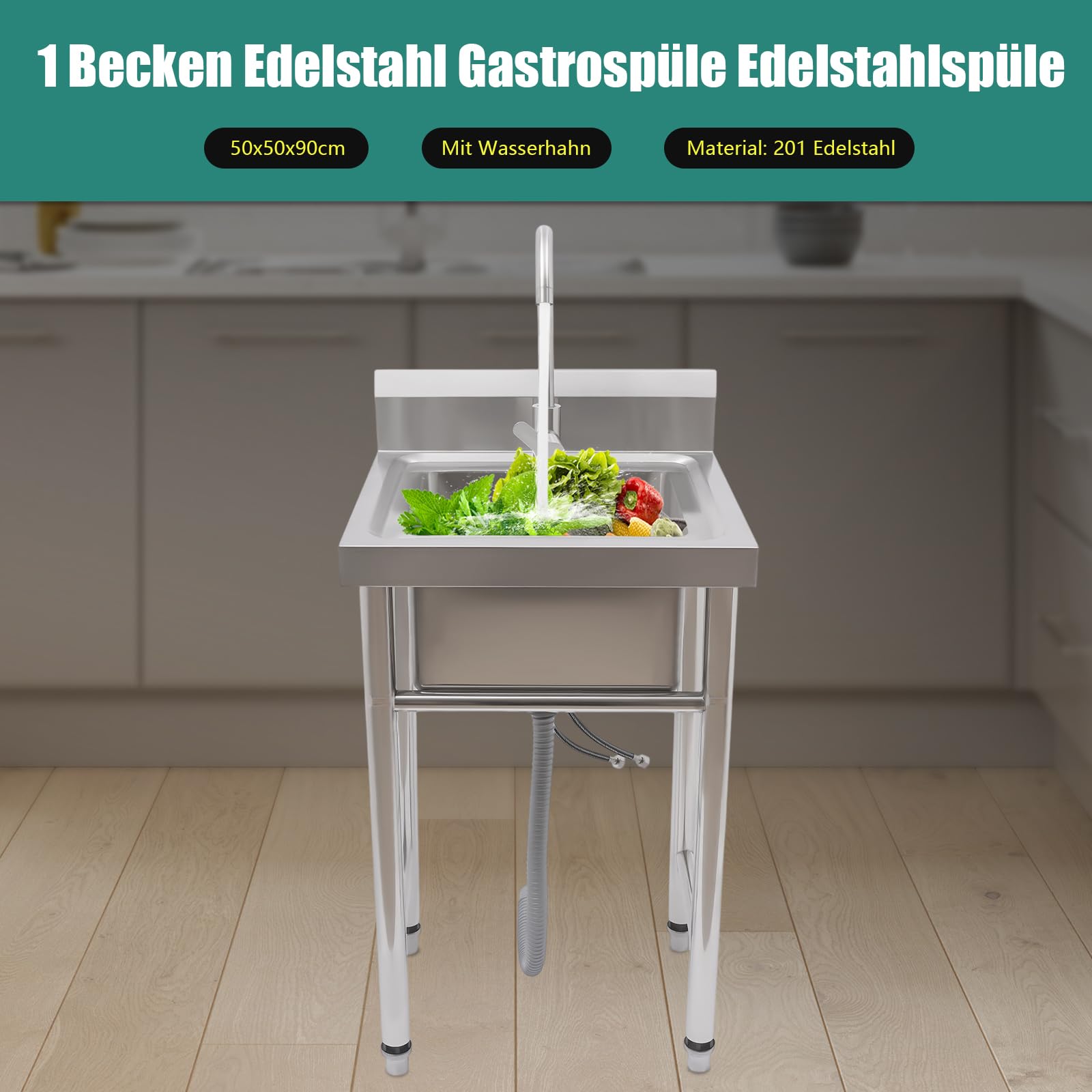 Spülbecken Edelstahl, Küche Spülbecken Organizer Edelstahl Arbeitstisch Küche mit Spüle und Armatur, Spülbecken Mobile für Außen Innen Garten Freistehend 90x50x50cm