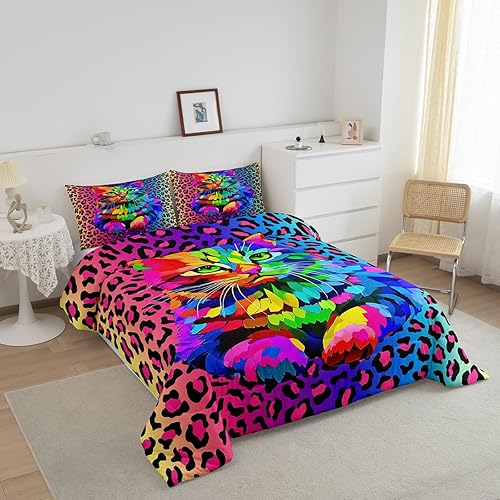Miniatura 2 de Erosebridal Juego de edredón con estampado de leopardo, tamaño individual, juego de ropa de cama de gato teñido anudado arcoíris para niños y niñas,