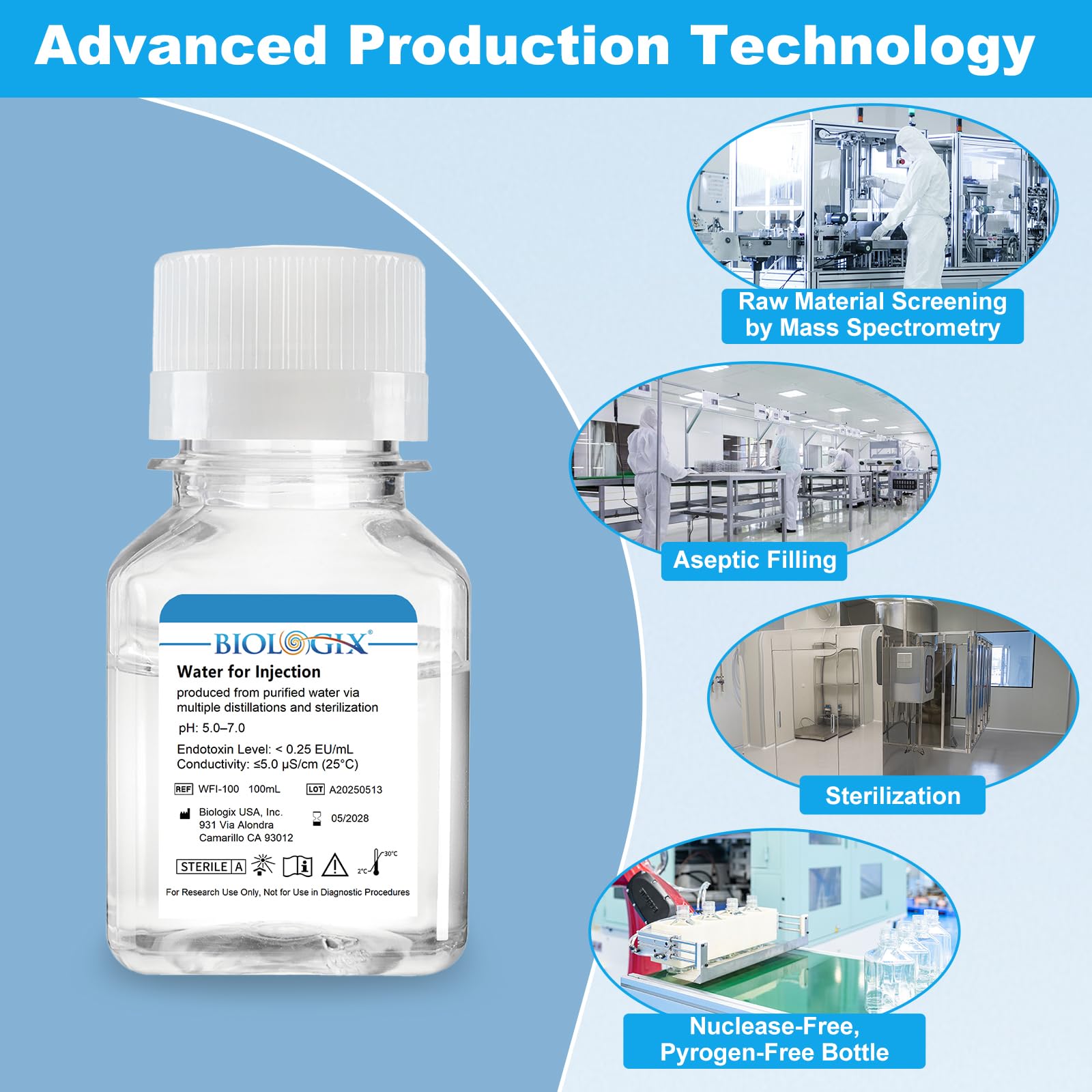10 piezas 500 ml de agua de laboratorio WFI, agua de cultivo celular para laboratorio, agua destilada para fines bioquímicos, esterilización, pH 5.0-7.0, conductividad ≤ 5.0 μS/Cm (25 ℃) (20 unidades
