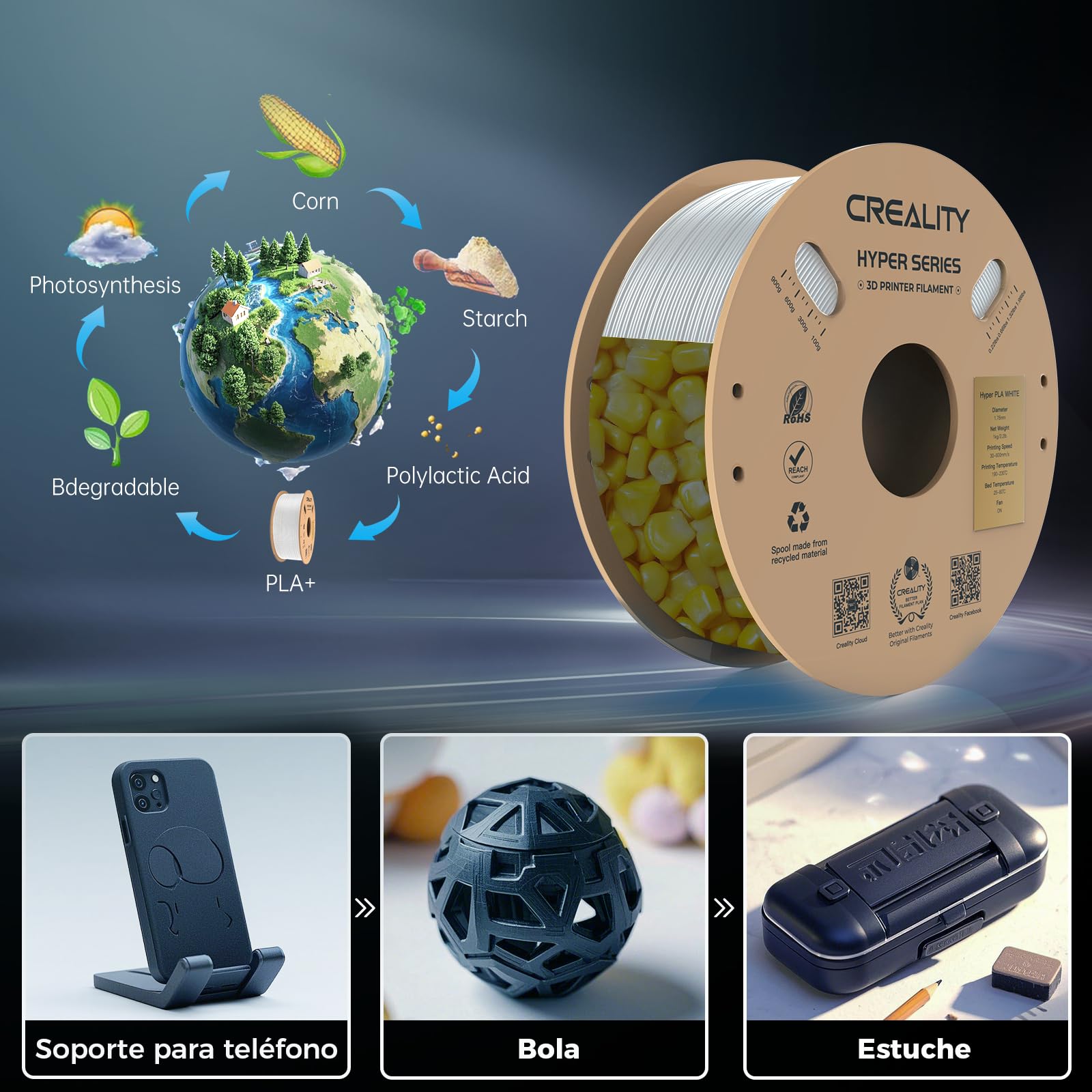 Creality Hyper PLA Filament Pour Imprimante 3D 1,75 mm 1 kg, PLA Haute Vitesse 30 à 600 mm/s, Précision Dimensionnelle +/- 0,02 mm, for Avec la Plupart Des Imprimantes 3D,Blanc