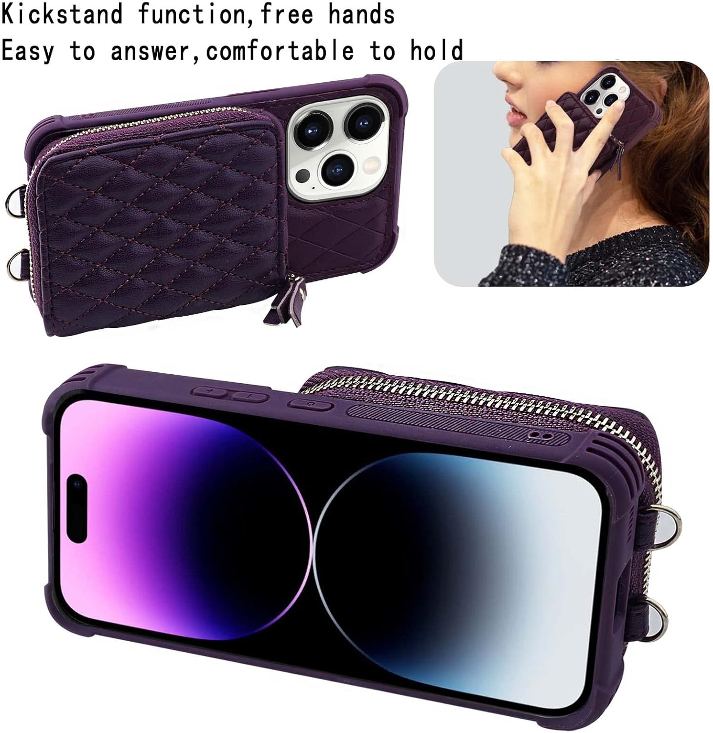 MONASAY Zipper Wallet Case Fit for iPhone 14 Pro Max, 6.7in [Glass Screen Protector ][RFID Blocking] Flip Leather Handbag Phone Cover with Card Holder and Crossbody Lanyard Strap, Purple