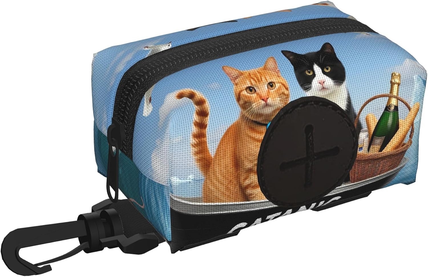 Two Brave Cats Are Floating On The Sea Iceberg Pattern Dog Poop Bag Dispenser for Leash Dog Poop Bag Holder with Carabiner Hook Pet Poop Bags Dogs Walking Accessory