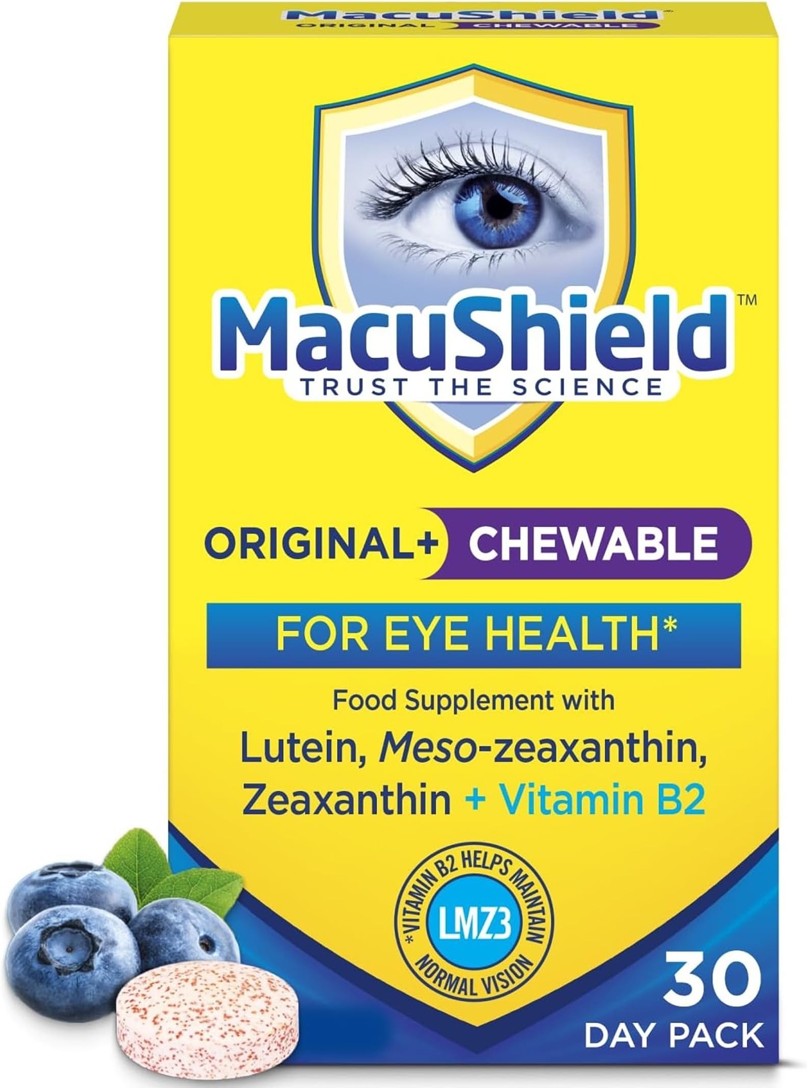 MacuShield Original Plus Chewable – Eye Health Supplement, 30 Day-Pack | Helps maintain normal vision, Lutein, zeaxanthin and meso-zeaxanthin, Vitamin B2 riboflavin, Bilberry flavour