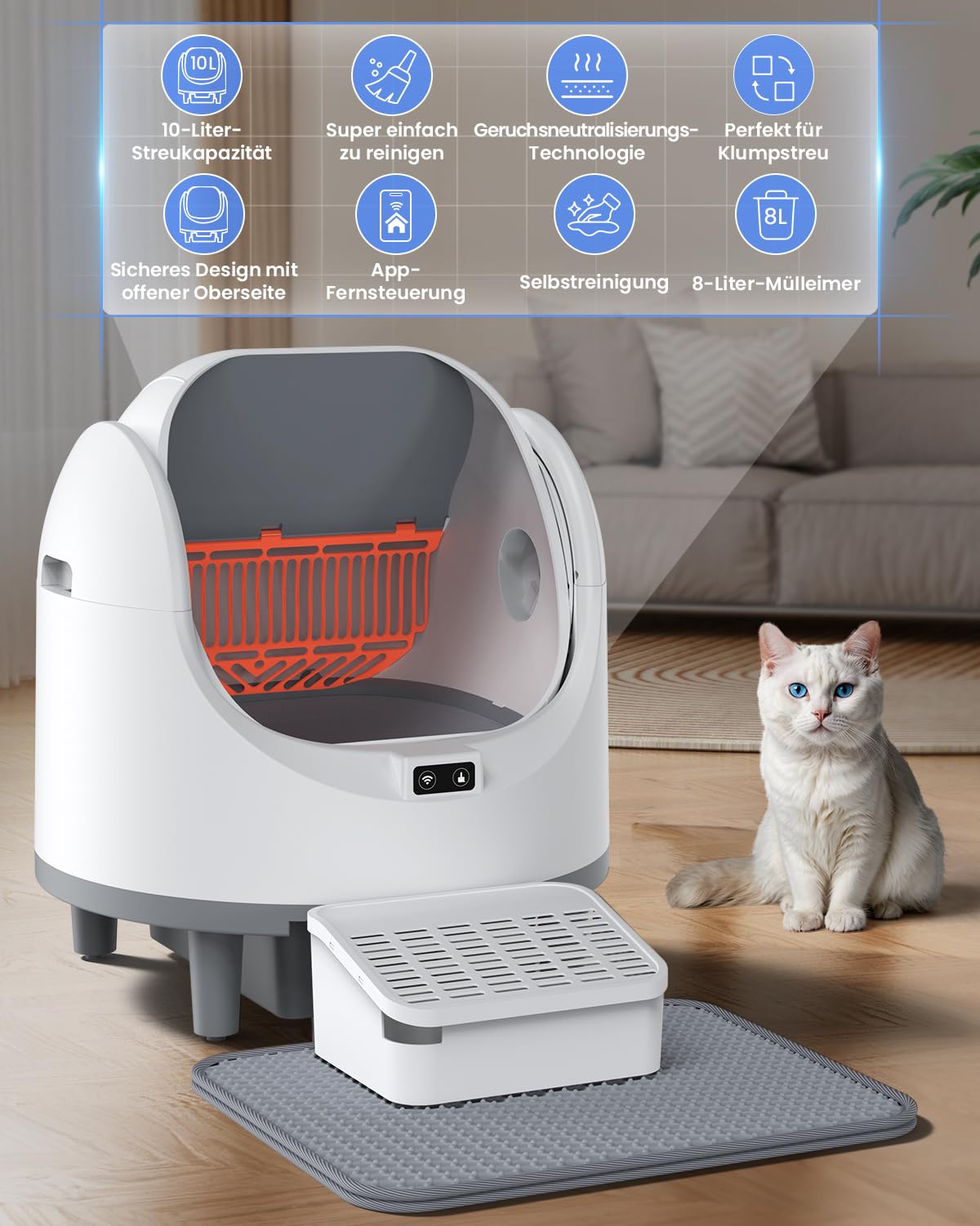 Offenes, Katzenklo Selbstreinigend für große Katzen (10 kg), XL Automatische Katzentoilette, 2 Rollen Müllbeutel, Geruchskontrolle, 10 Sicherheitssensoren, leise Roboter-Toilette für Katzenklo