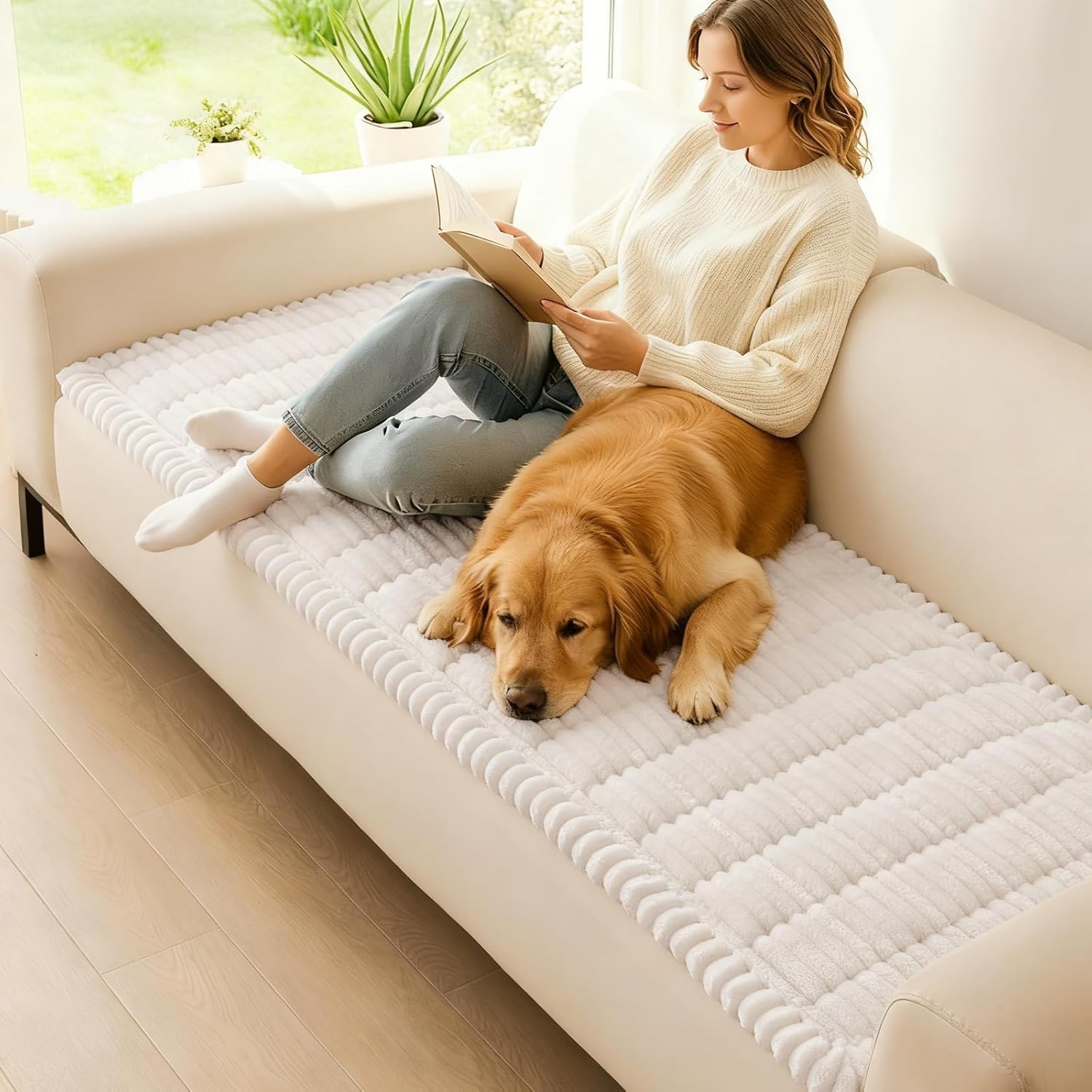 hyha Couch Covers for Dogs Washable, Non Slip Plush Dog Sofa Protectors, Fuzzy Pet Couch Covers for 3 Cushion Sofa Pet Friendly (White, 27.6" x 59") White 27.6" x 59"