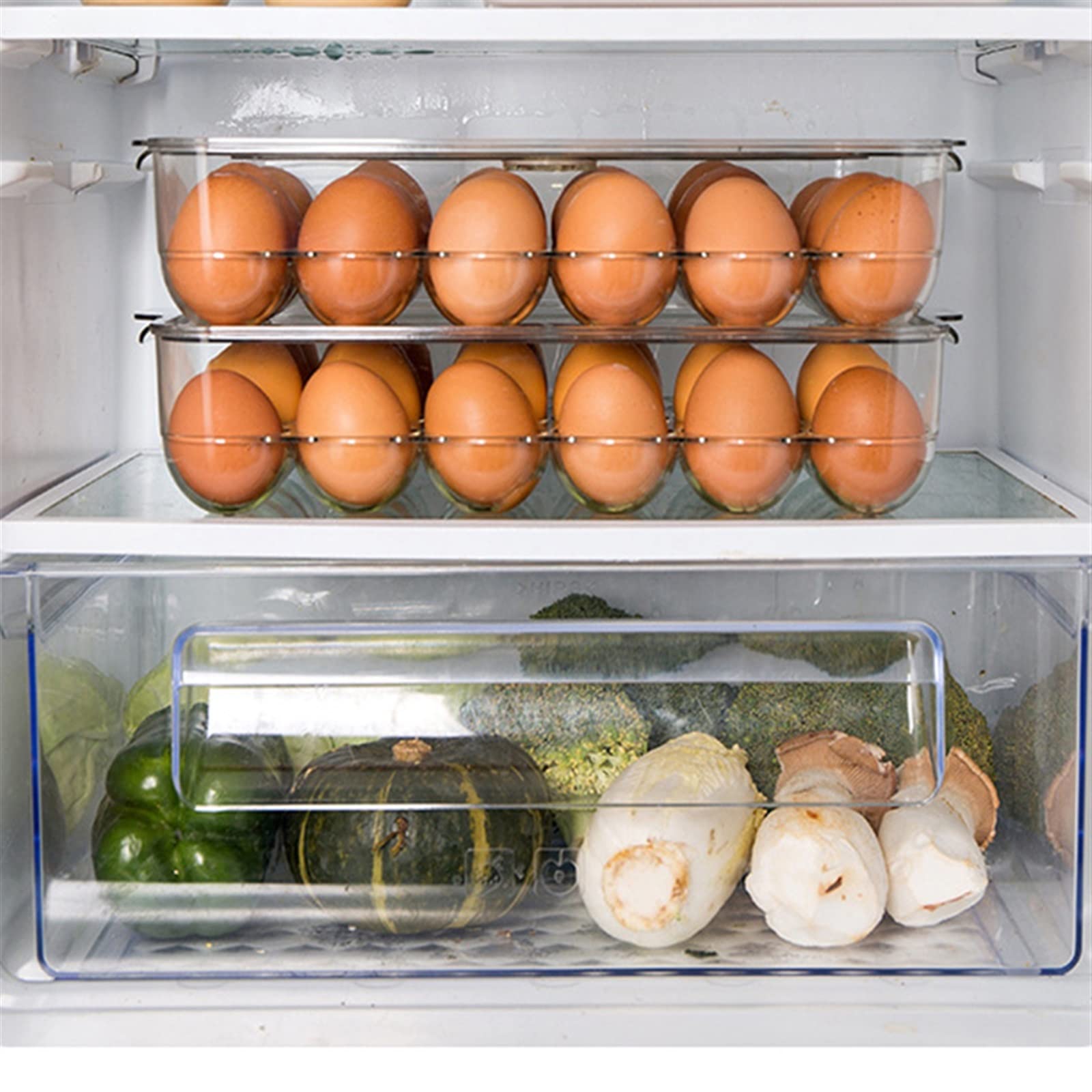Cesta de Huevos, portahuevos con Cubierta Transparente para refrigerador, 24 portahuevos, Caja de Almacenamiento, dispensador, contenedores de Huevos de plástico apilables