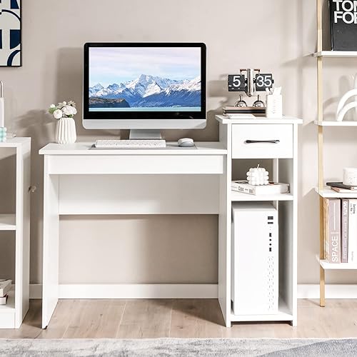 Miniatura 2 de Tangkula Escritorio blanco con cajón de almacenamiento y estantes, escritorio compacto para espacios pequeños, mesa de estudio de madera moderna con