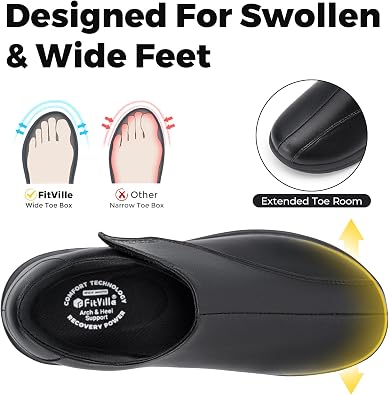 FitVille Diabetic Shoes for Women Slip On Classic Oxford Shoes Adjustable Strap Business Formal Dress Shoes PU Leather Loafers Edema Shoes Plantar Fasciitis Sneakers - EasyTop Dress Shoes V1