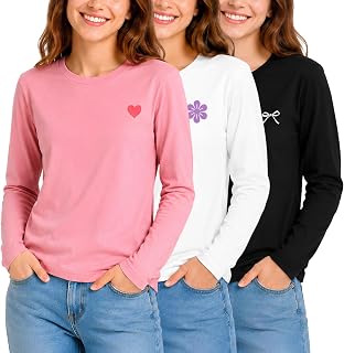 Forever 21 Girls Long Sleeve Shirts 3-Pack, Soft Cotton Blend T Shirts | Crew Neck Tee, Trendy Chest Graphic, Breathable Fabric, Great for Layering or Everyday Wear, Tagless Undershirts, Size 4-16