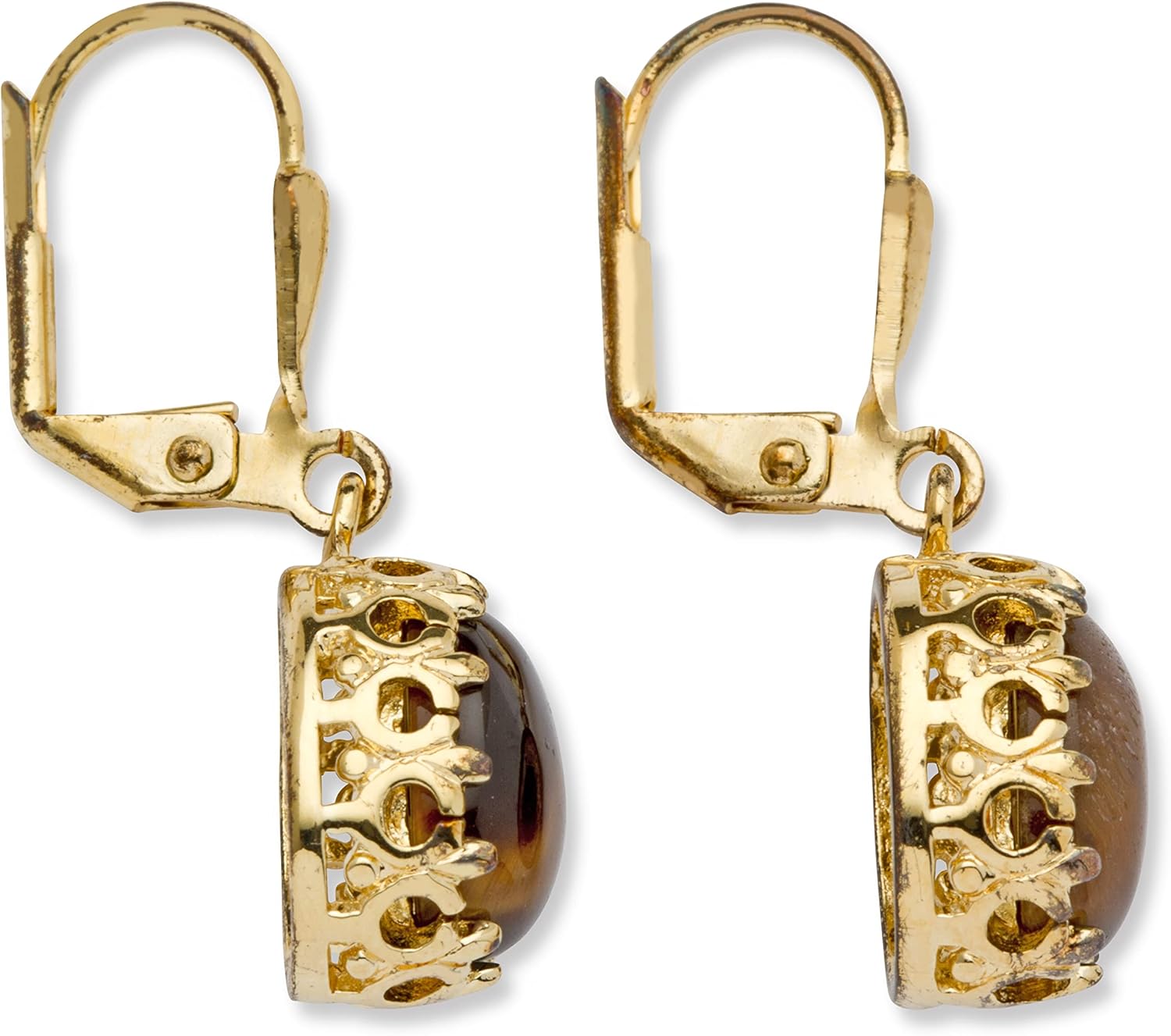 PalmBeach Yellow Gold-plated Oval Shaped Genuine Brown Tiger's Eye Drop Earrings (12x10mm)