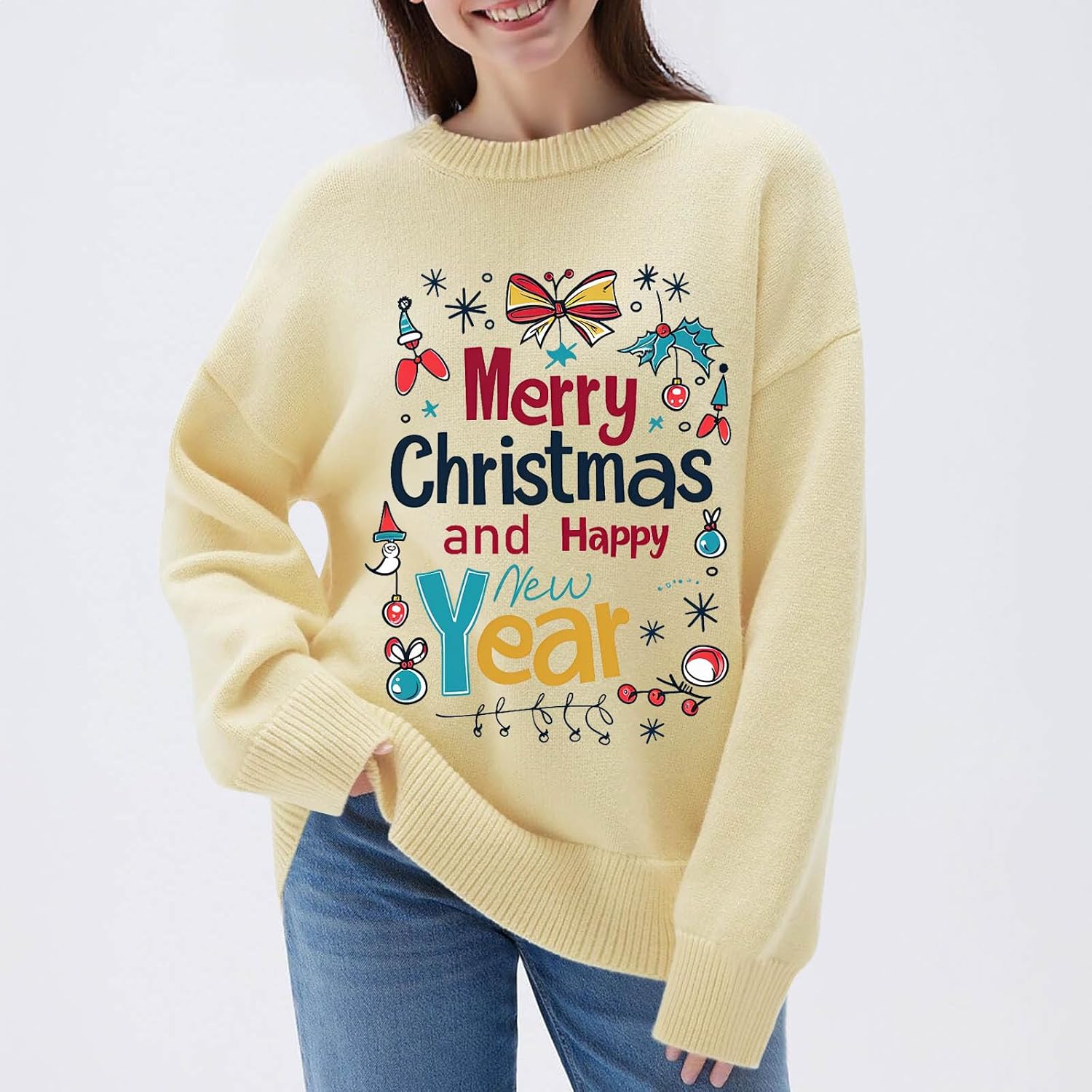 Women's Ugly Christmas Sweaters Long Sleeve Crewneck Rib Knit Pullover Sweater Fall Winter Lightweight Base Knitwear