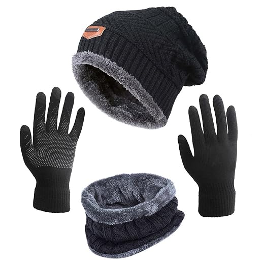 Winter Hat Scarf Gloves Slouchy Beanie Snow Knit Skull Cap Touch Screen Mittens Circle Scarves for Women Black