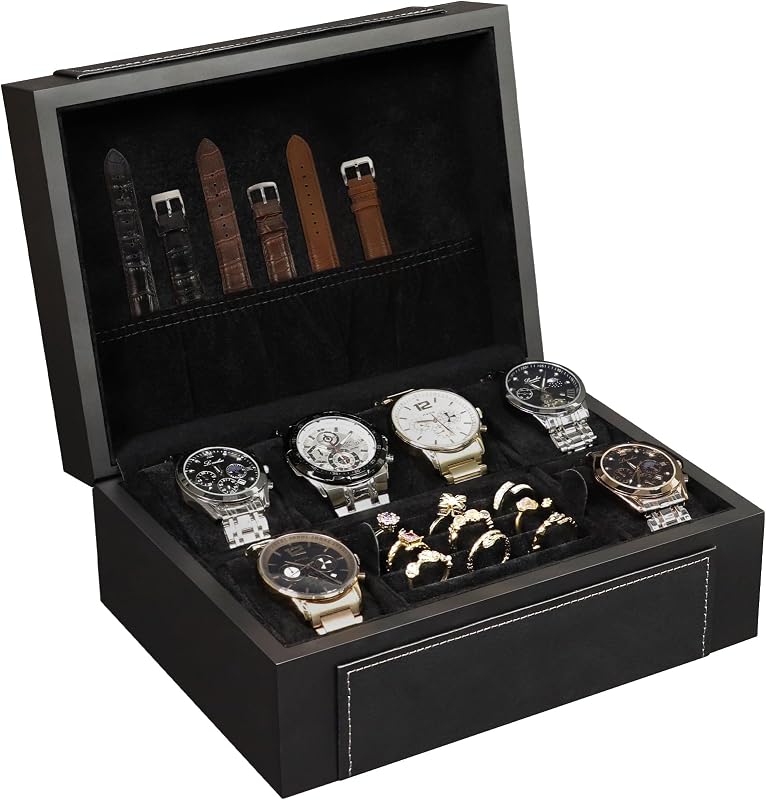 KAMIER Watch Box for Men, 6-Slot High End Wooden Watch Case with Jewelry Organizer, Watch Box Holder Organizer for Men Women, Watch Storage Box with Soft Velvet Pillows, Ideal for Gift