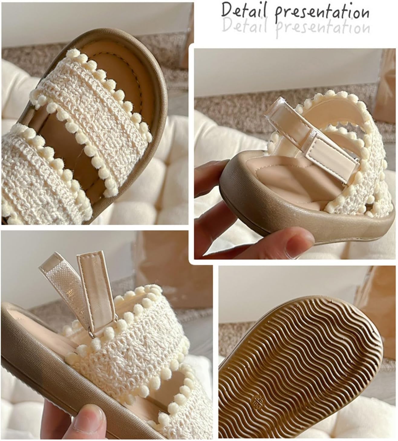 Girls Knit Strap Shoes Kids Open Toe Wide Sandals Adjustable Strap Flat Soft Shoes Summer Dress Casual Sandals Cute Wedding Flower Girl Slippers Non Slip Beach Slippers (Beige, 10-10.5 Years)