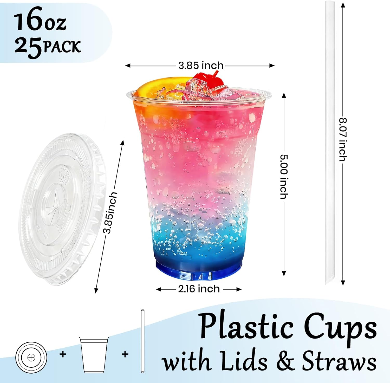16 oz Clear Plastic Cups, 25 Sets Leak-Proof BPA Free Disposable Plastic with Lids and Straws Drinking Ice Coffee Smoothie Cups for Party Home Restaurant - Image 2