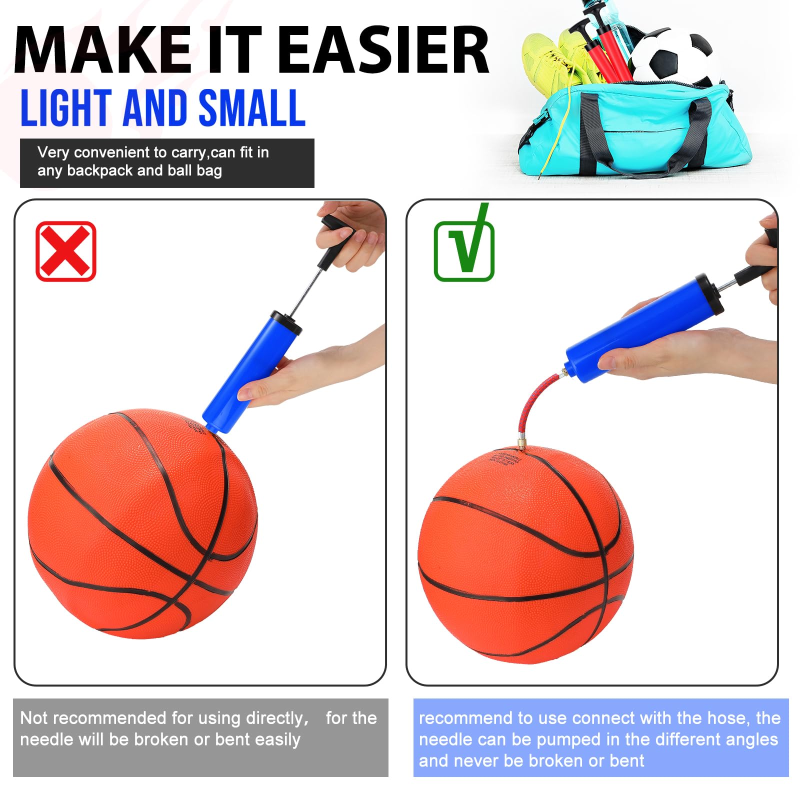 Jerify 50 juegos de bomba de bola de 8 pulgadas, bomba de aire portátil para pelota deportiva para fútbol con manguera de extensión de aguja, inflador para inflar fútbol, baloncesto, voleibol, globo