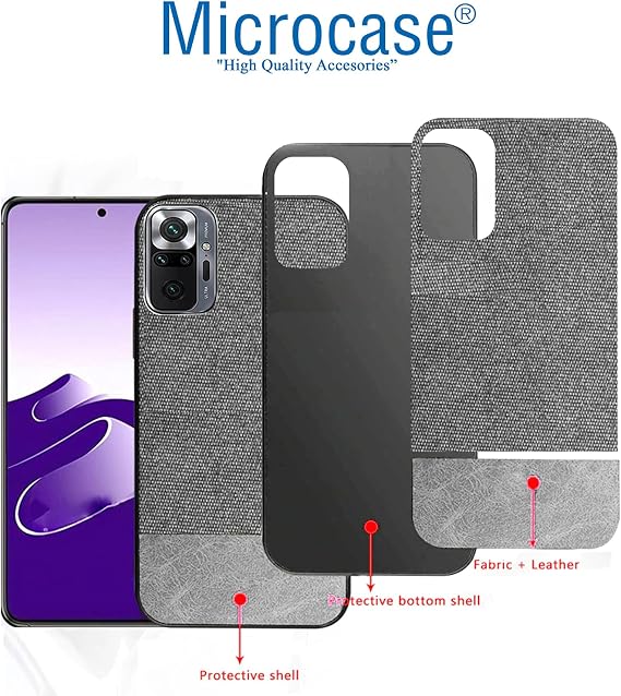 Microcase Xiaomi Redmi Note 10 Pro Max Fabrik Serisi Kumaş ve Deri Desen Kılıf - Gri