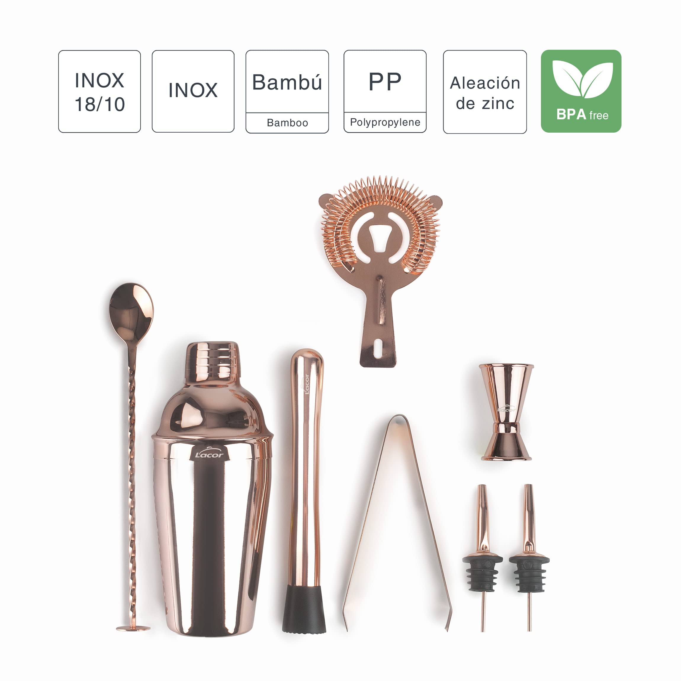 Lacor 62182 - Kit Coctelería, Coctelera, Utensilios Coctelería, Diseño | En acero inox 18/10, para un uso práctico y profesional en cocina; libre de BPA, aporta un acabado cuidado a tu presentación