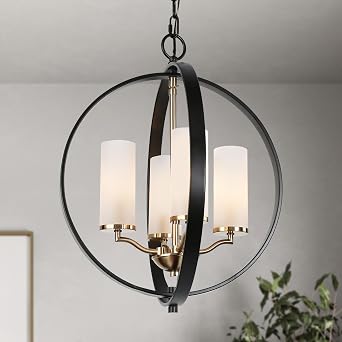 classy leaves Black Gold Chandeliers, Mid-Century Modern Globe Chandelier with Frosted Glass, 4 Light Farmhouse Orb Chandelier Hanging Light for Living Room, Dining Room, Bedroom
