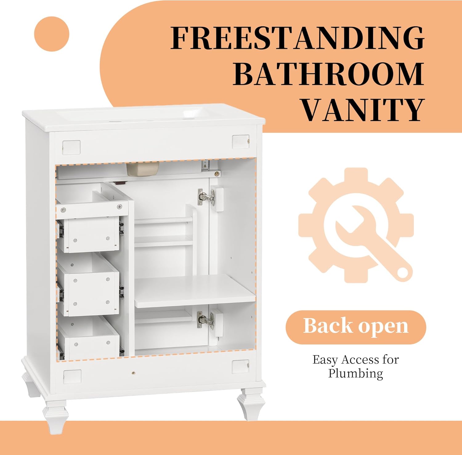 24-inch Bathroom Vanity with Sink Combo, Free-Standing Single Storage Cabinet with Flip-Out Drawer, 3 Drawers, One Door, MDF and Solid Wood Vanity with Ceramic Basin for Bathroom (White)