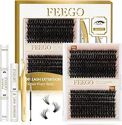 Kit Cílios Extensaões FEEGO 60D+80D - 280 Clusters para Volume Profissional, Modelagem Densa e Ondulada - Inclui Cola, Removedor e Pinça - Ideal para Iniciantes