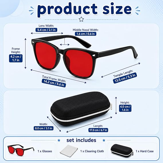 suction Red Light Glasses with Red Lenses, for Extended Screen Time, Blue Light Blocking Glasses for Computer Use and Video Conferences, Complete Set with Lens Cloth and Storage Case