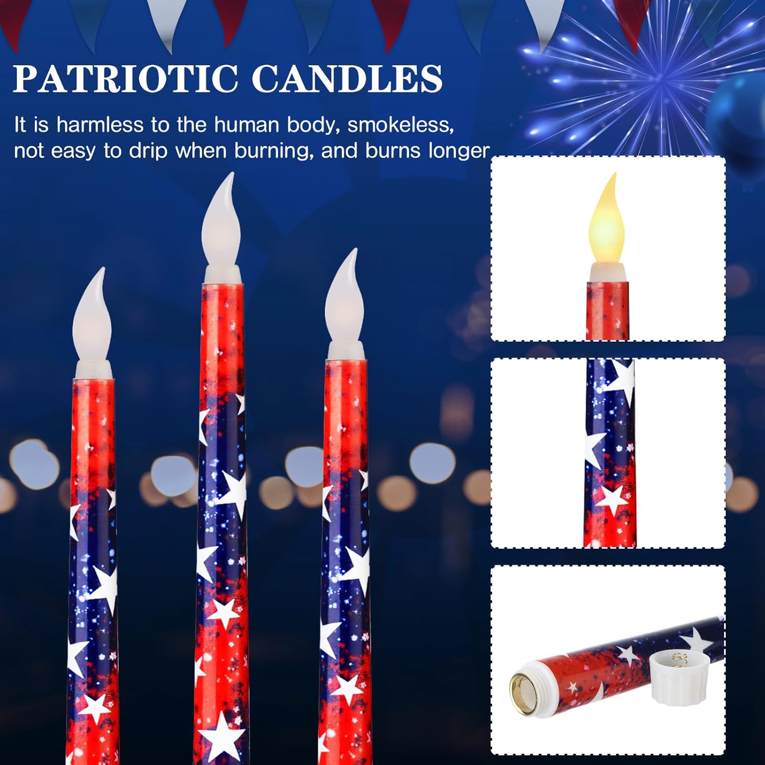 Aurelema 8 Pcs Patriotic Candles Flameless Taper Candles with Remote & Timer 4th of July American Flag Flameless Candlesticks Flickering Real Candle for Independence Day Decoration (Retro Style)