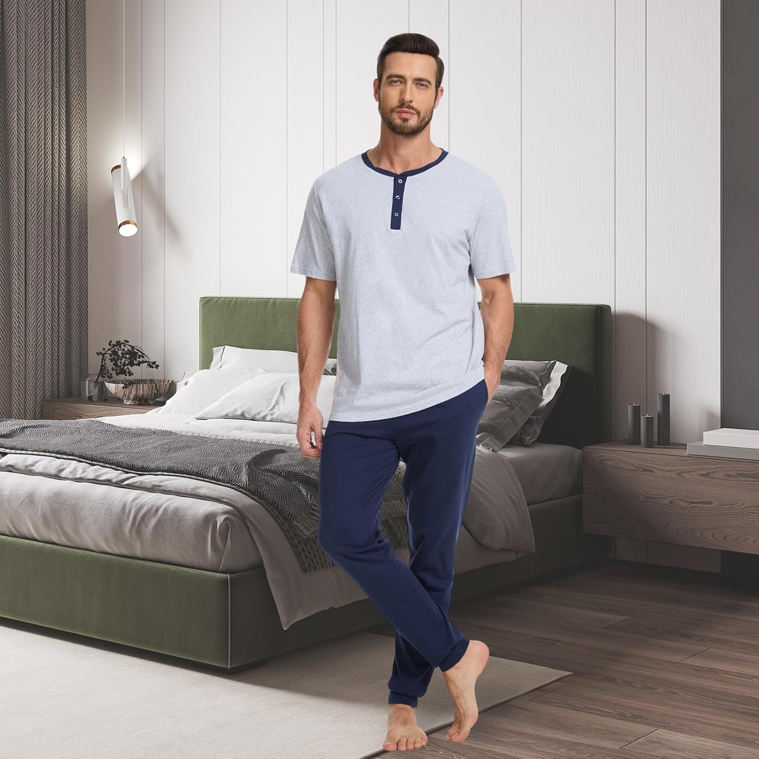 Men's Pajama Set with Henley Neckline 100% Cotton Soft and Comfortable Nightwear 2-Piece Lounge Set - Image 3