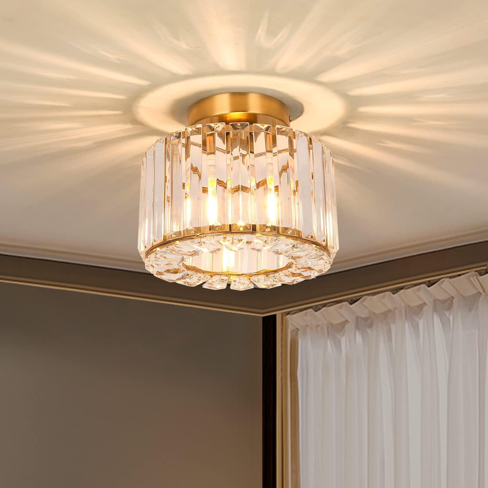 Crystal Modern Semi Flush Mounted Ceiling Light Fixture Brass Chandelier for Hallway, Dining Room, Foyer, Living Room, Bedroom, Entryway