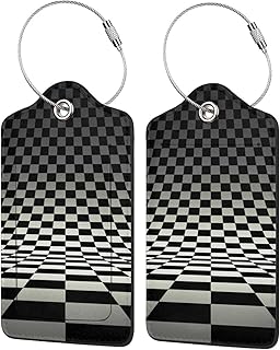 2 Pack Luggage Tags for Suitcases Checkerboard Seamless Loop Black White Leather Stainless Steel Loop Label Tag Privacy Cover ID Label Address Card Travel Bag Suitcase