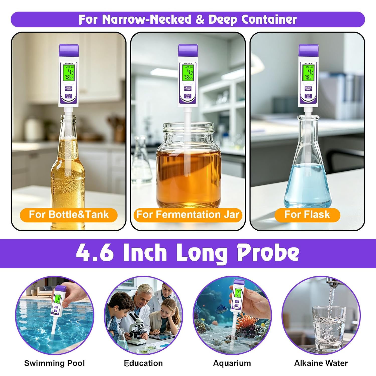 pH Meter, Water pH Tester with 4.6in pH Probe for Brewing Hydroponic