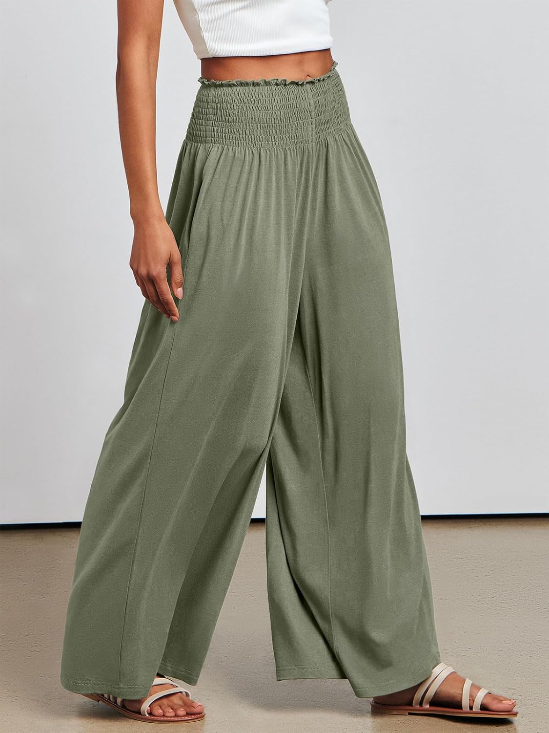 ANRABESS Women Palazzo Pants Summer Boho Bagyy Wide Leg High Smocked Waist Casual Loose Lounge Pant with Pocket - Image 4