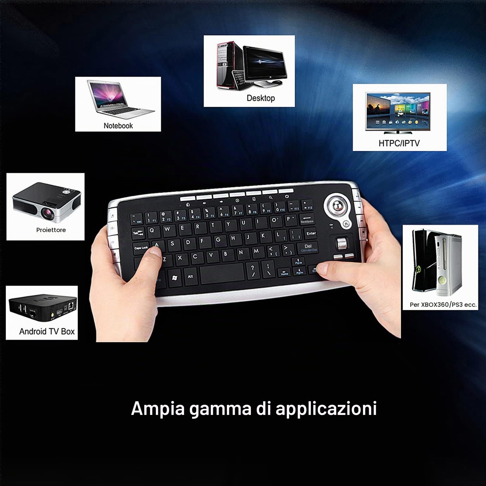 E30 2,4 GHz Tastiera Wireless con Trackball Mouse Ruota di scorrimento Telecomando per Android TV Box Smart TV PC Notebook Argento