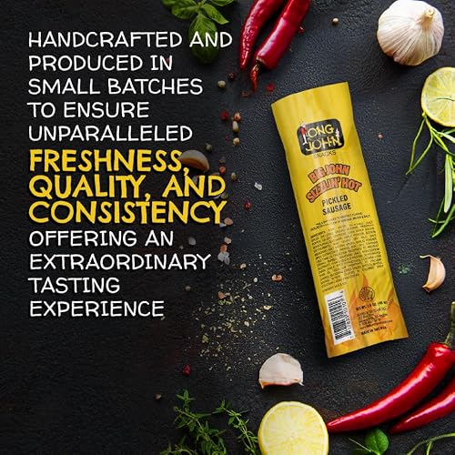 Long John Snacks Sizzlin\' Hot Pickled Sausage - Smoked Gourmet Meat Stick - Hot Pickled Sausages High Protein Snack - Premium USA Pork and Beef Sticks - Low Carb, Gluten-Free, Keto - 12 Pack
