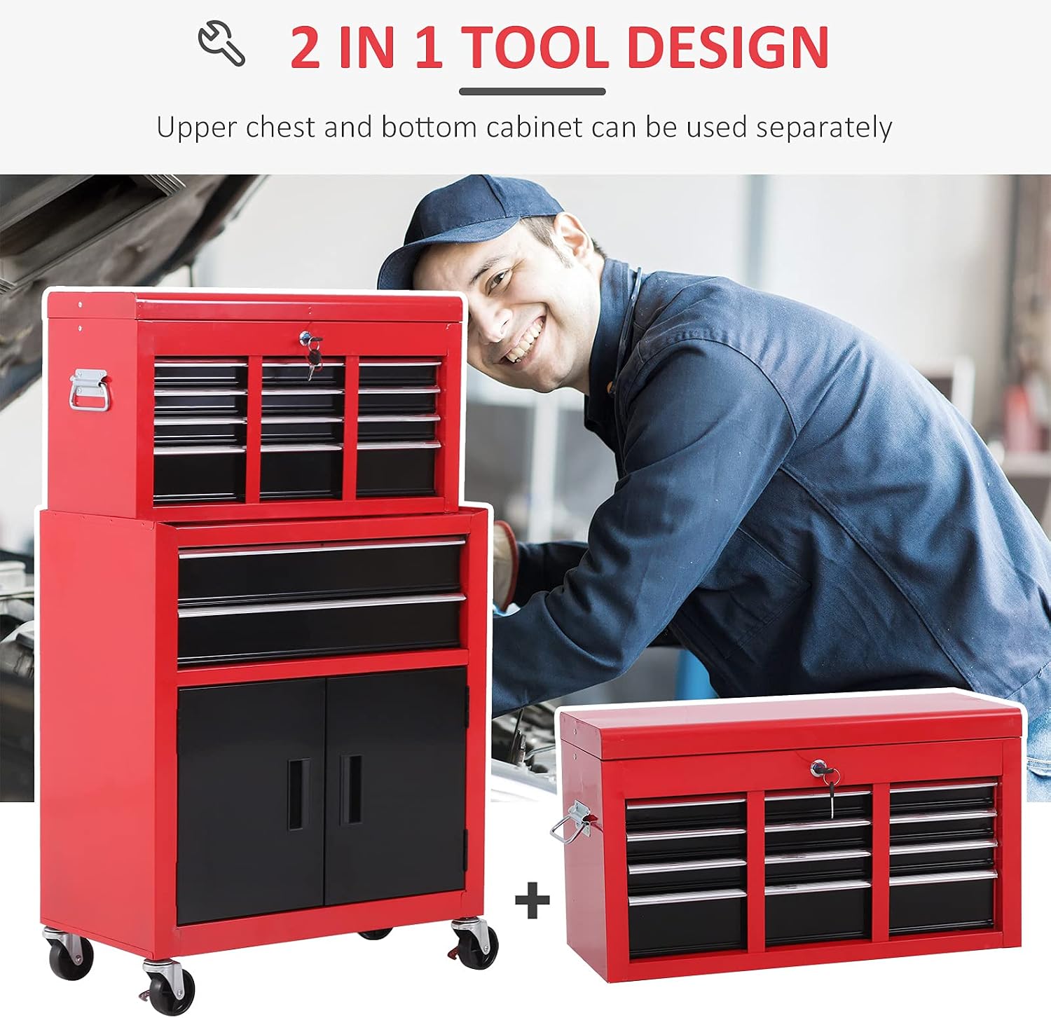 HOMCOM Rolling Tool Chest with Wheels and Drawers, 6-Drawer Tool Storage Cabinet, Detachable Organizer Tool Box Combo, Mobile Lockable Toolbox for Workshop Mechanics Garage