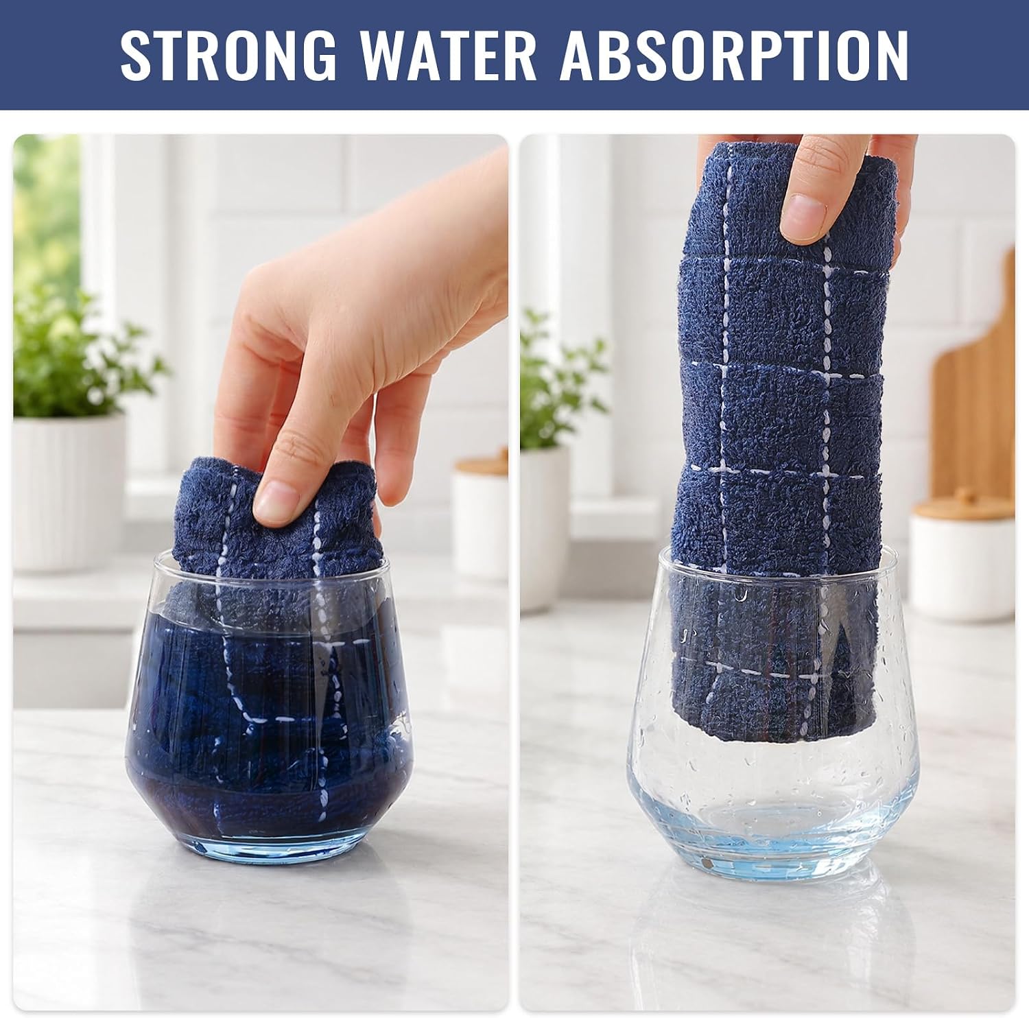 Kitinjoy 100% Cotton Kitchen Towels and Dishcloths Set, Navy Blue