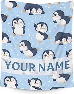 Custom Penguin Blankets with Name - Soft Warm Blanket Throw for Kids, Adults - 30"x40" Small Blankets for Couch, Work - Blue Cute Blanket Gifts