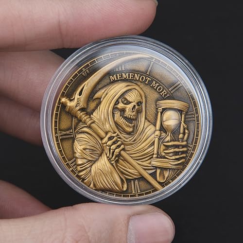 Miniatura 7 de Moneda Memento Mori - Diseño de la parca y serpiente, diseño de reloj de arena y lápida, vitrina incluida, ideal para entusiastas y regalos (moneda